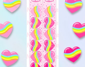 Holographic Rainbow Red Pink Heart Vintage Toots Inspired Sticker Strip