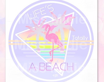 Retro Holographic Life's A Beach Flamingo Sticker