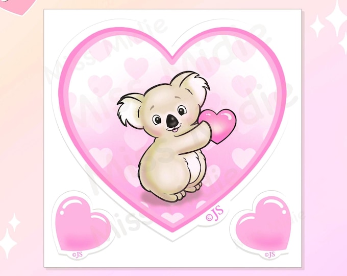 Cute Koala Bear w Hearts Prism Vinyl Stickers