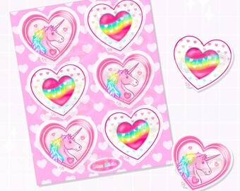 Cute Retro Valentine Prismatic Vinyl Unicorns & Hearts Sticker Sheet