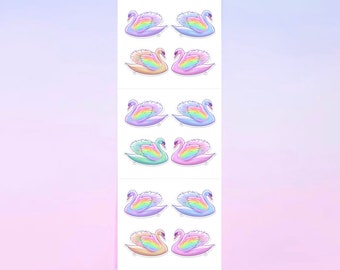 Pastel Glittery Prism Rainbow Swans Stickers | Packaged Colorful Sticker Strip by Miss Midie