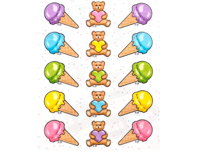 Glittery Teddy Bears Hearts & Ice Cream Cones Sticker Sheet