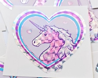 Version 1 Foil Prism 1980's Inspired Unicorn Heart Sticker | Waterproof