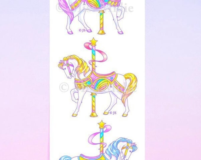 Cute Pastel Glittery Prism Vinyl Carousel Horses Sticker Strip