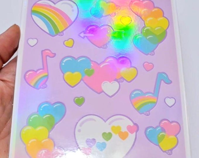 Super Cute Pastel Retro Holographic Large Hearts Sticker Sheet