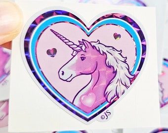 Small Prism Foil Retro Inspired Unicorn Heart Sticker