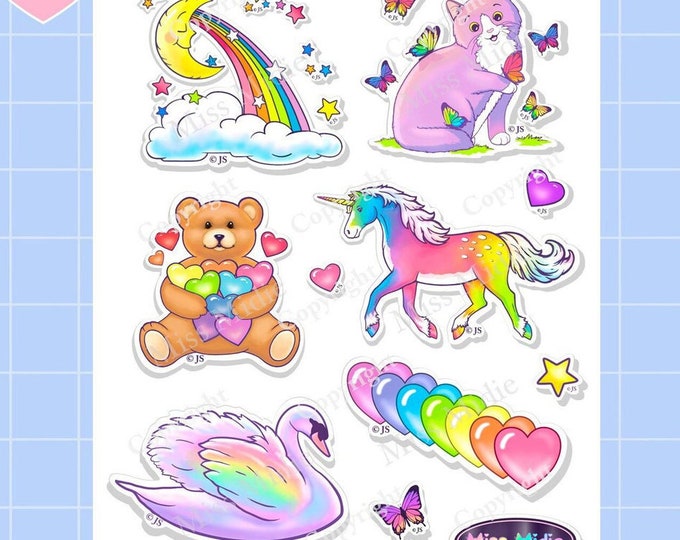 Cute Rainbow Hearts & Animals Prism Vinyl Sticker Sheet