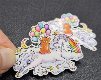 Cute Glossy Rainbow Unicorn Bear w/ Balloons Die Cut Sticker