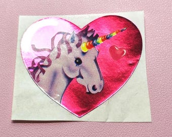 Vintage 80's Lisa Frank Pink Foil Unicorn Heart Sticker