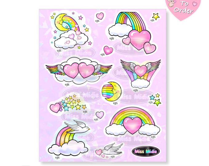 Small Colorful Prism Rainbows & Hearts Sticker Sheet