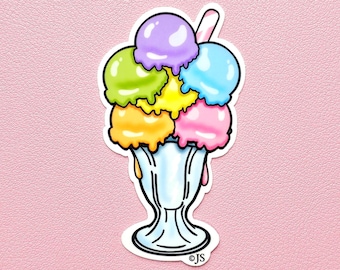 Retro Glossy Rainbow Ice Cream Sundae Die Cut Sticker