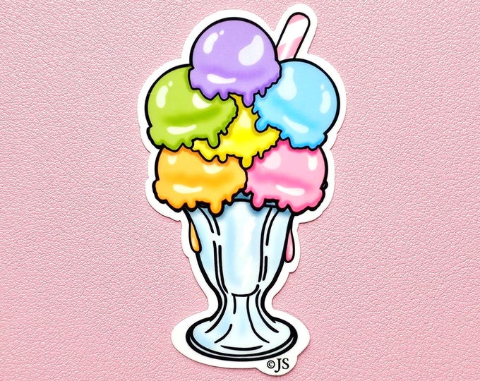 Retro Glossy Rainbow Ice Cream Sundae Die Cut Sticker