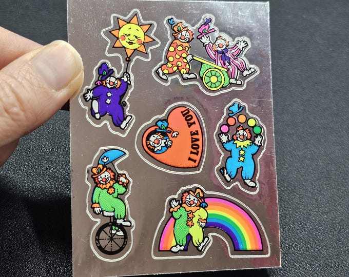 NEON Vintage 80's Mylar Foil Decal Specialties BJ Clowns Vending Sticker Sheet
