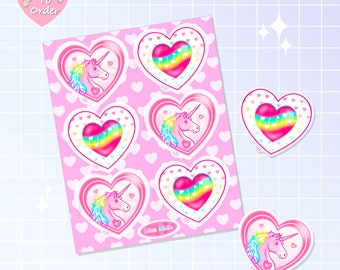 Cute Retro Valentine Prism Unicorns & Hearts Sticker Sheet by Miss Midie | Vintage Design | Cute Girly Pink Stickers