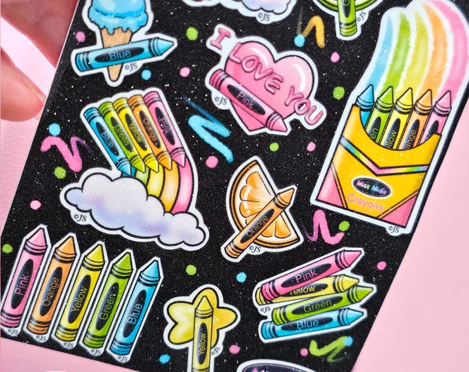 Glittery Colorful Crayons Sticker Sheet - Black Version
