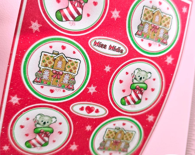 Glittery Christmas Koala & Gingerbread House Sticker Sheet