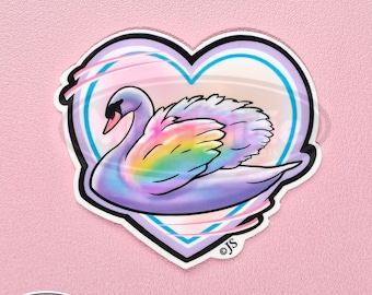 Rainbow Swan Heart Glossy Die Cut Sticker