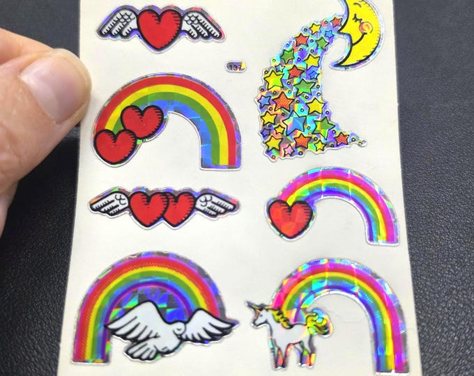 Vintage 80's Prism Decal Specialties BJ Rainbow Unicorn Hearts Vending Sticker Sheet
