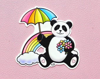 Charming Glossy Panda w Umbrella Die Cut Sticker