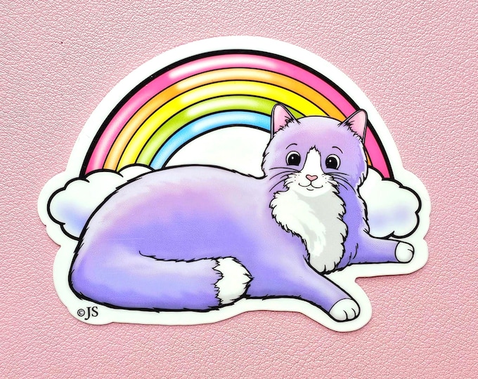 Cute Glossy Kitty & Rainbow Die Cut Sticker