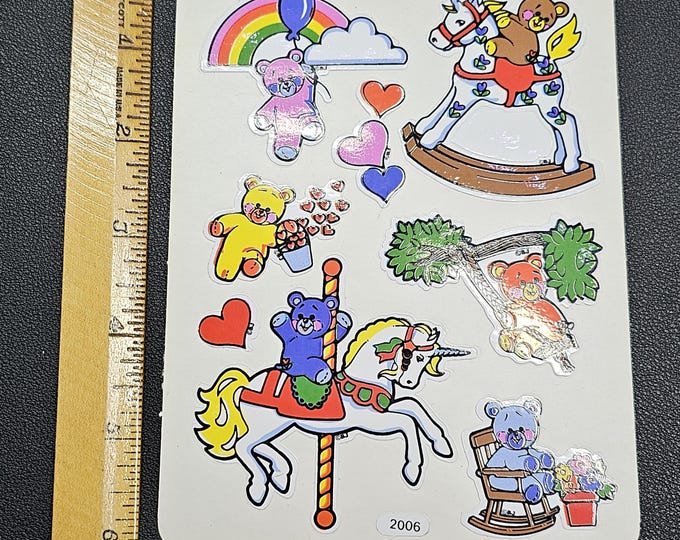 Vintage 80's Decal Specialties BJ Vinyl Teddy Bear Unicorn Sticker Sheet