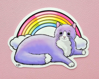Cute Glossy Kitty & Rainbow Die Cut Sticker