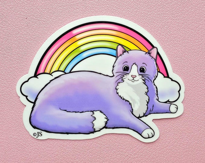 Cute Glossy Kitty & Rainbow Die Cut Sticker