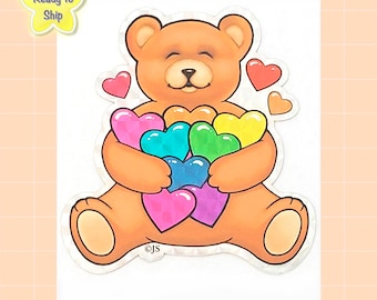 Huggable Teddy Bear | Colorful Rainbow Hearts Prism Sticker by Miss Midie | Die Cut Style | Waterproof