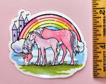 Prismatic Sparkle Rainbow Castle Unicorns Die Cut Sticker