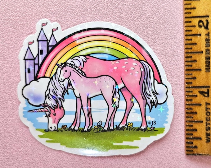 Prismatic Sparkle Rainbow Castle Unicorns Die Cut Sticker