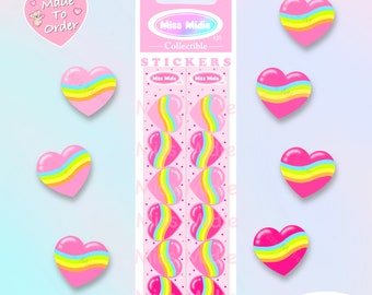 Holographic Rainbow Red Pink Heart Stickers, Cute Collectible Sticker Strip by Miss Midie, Vintage Toots Inspired Stickers