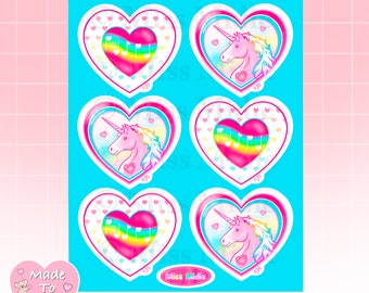 Awesome 80's Style Prism Unicorn & Heart Sticker Sheet by Miss Midie | Vintage Retro Design