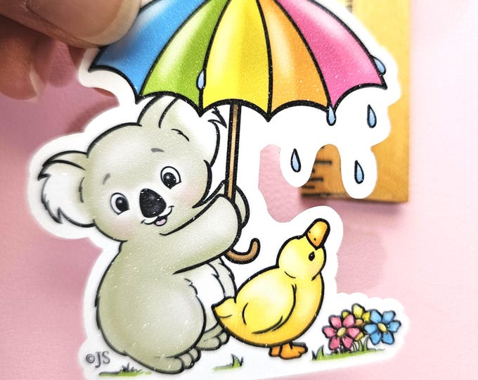Cute Glitter Umbrella Koala & Duckling Die Cut Sticker