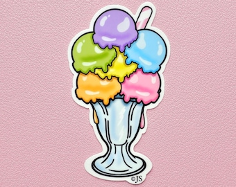 Retro Glossy Rainbow Ice Cream Sundae Die Cut Sticker