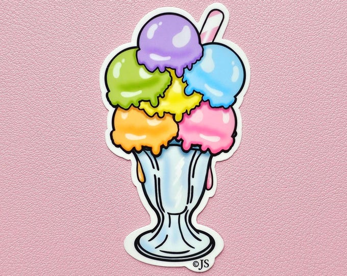 Retro Glossy Rainbow Ice Cream Sundae Die Cut Sticker
