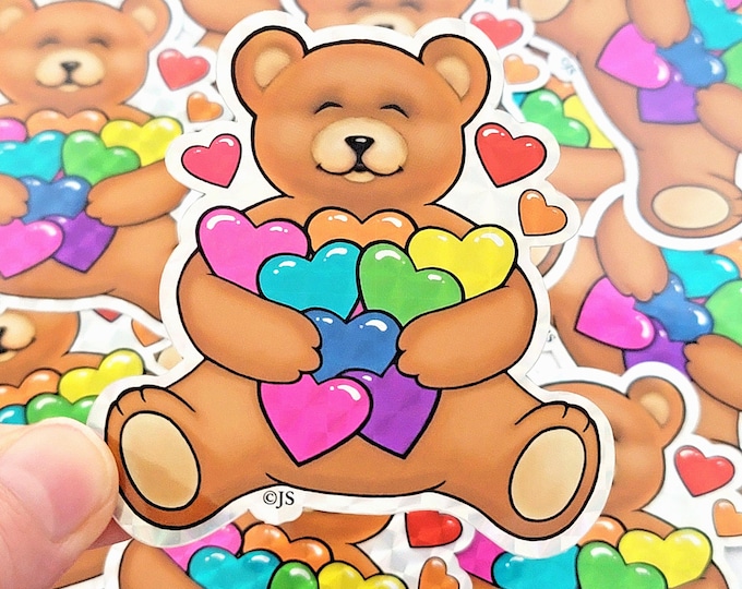 Huggable Teddy Bear Colorful Rainbow Hearts Prism Die Cut Style Sticker