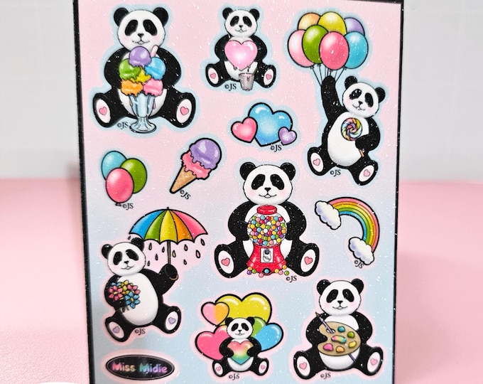 Vinyl Prism or Sparkly Glitter Pandas Sticker Sheet