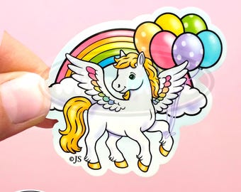 Cute Glossy Rainbow Pegasus w/ Balloons Die Cut Sticker