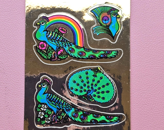 NEON Vintage 80's Mylar Foil Decal Specialties BJ Peacocks Sticker Sheet