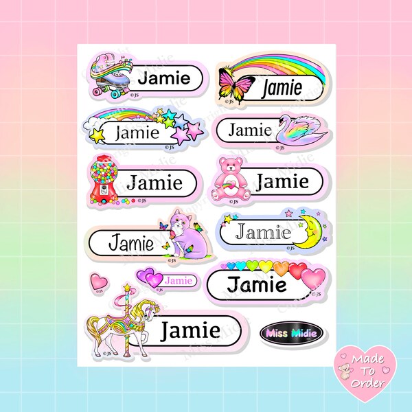 1980's Inspired Custom Name Sticker Sheet | Cute Pastel Personalized Name Prism Stickers by Miss Midie | Vintage Retro Vibe | Waterproof