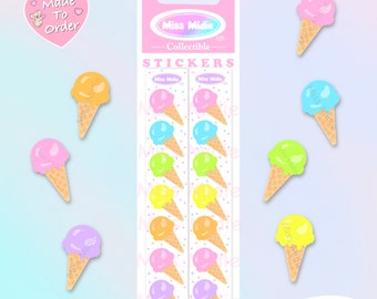 Cute Pastel Ice Cream Cone Stickers | Holographic Rainbow Pearl Finish Sticker Strip by Miss Midie | Toots Inspired Stickers
