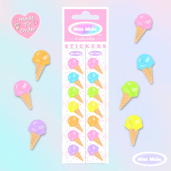 Cute Pastel Ice Cream Cone Stickers | Holographic Rainbow Pearl Finish Sticker Strip by Miss Midie | Toots Inspired Stickers