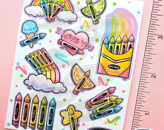 Glittery Colorful Crayons Sticker Sheet - White Version