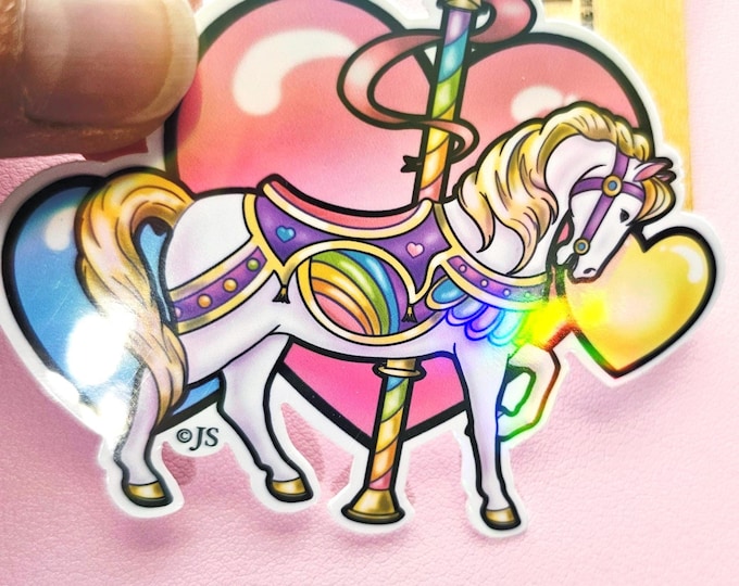 Holographic Die Cut Carousel Pony & Hearts Sticker