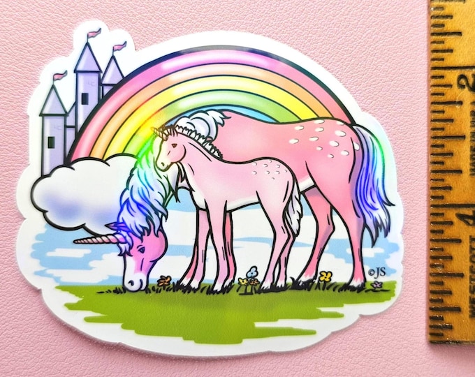 Holographic Die Cut Rainbow Castle Unicorns Sticker