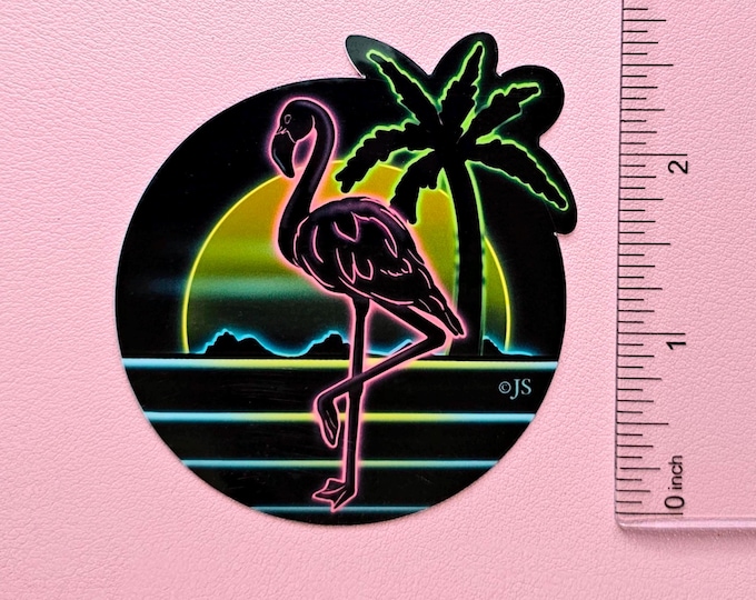 Retro Glossy Neon Flamingo Die Cut Sticker