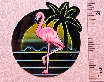 Retro Glossy Neon Flamingo Die Cut Sticker
