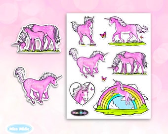 1980's Inspired Prism Pink Unicorns Sticker Sheet by Miss Midie | Vintage Reboot Design | Cute Stickers