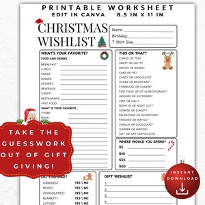 Weihnachtswunschliste, Mitarbeiter Secret Santa Fragen druckbar, Alles über mich Fragebogen, Mitarbeiter Wertschätzung, Geschenk Börse bearbeitbare PDF
