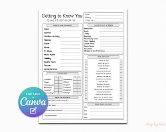 May include: A black and white Getting to Know You Questionnaire printable sheet featuring sections for personal favorites, food preferences, this or that choices, and finish the sentence prompts. A circular teal and purple Editable in Canva badge.